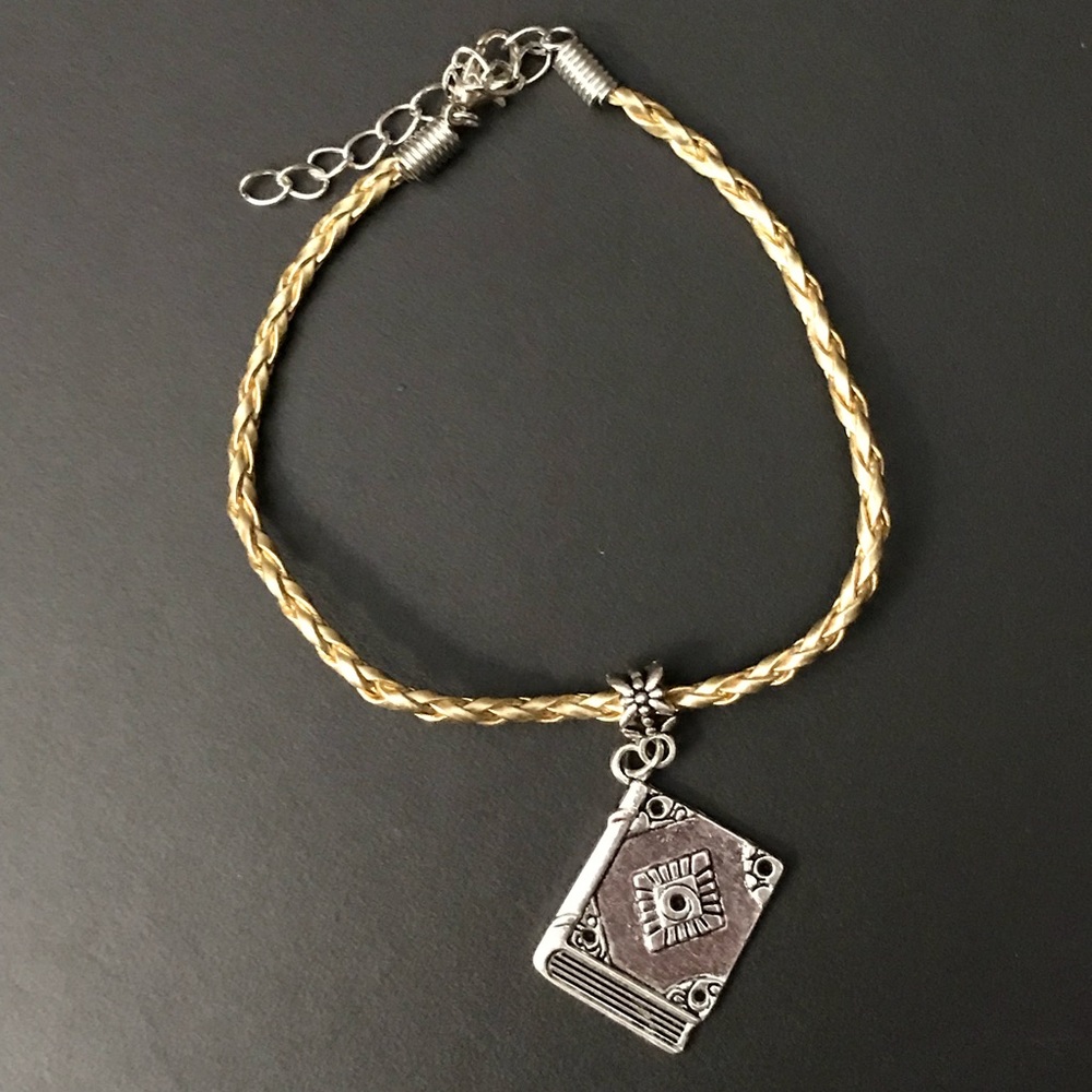 Gold Braided Leather Book Charm Bracelet